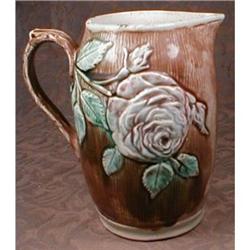 MAJOLICA Pitcher ROSES & Wood -ANTIQUE- #1960087