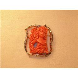 Estate 14K YG Diamond Carved Cameo Coral Brooch#1991334