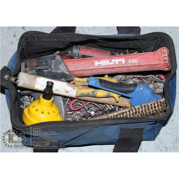 BLUE TOOL BAG WITH ASSORTED TOOLS