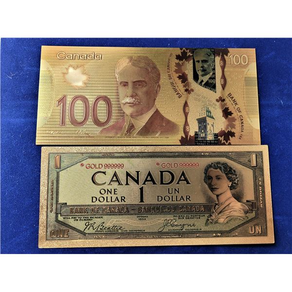 19)  LOT OF 2 COLORIZED GOLD FOIL CANADIAN