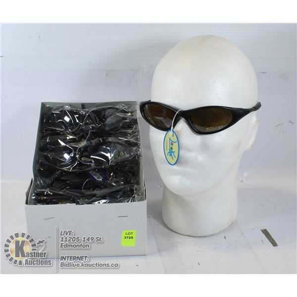 BOX OF MATTE BLACK SUNGLASSES. 100% UV PROTECTION.