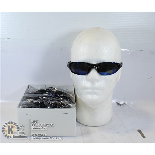 BOX OF SLEEK BLACK SUNGLASSES. 100% UV PROTECTION
