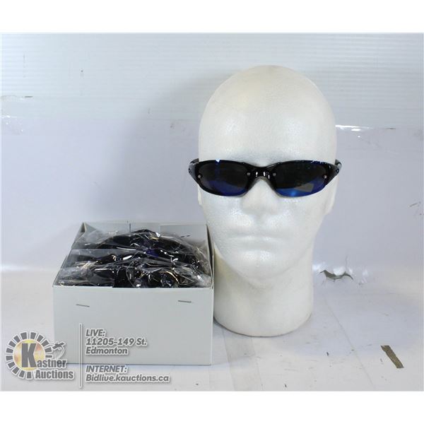 BOX OF SLEEK BLACK SUNGLASSES. 100% UV PROTECTION