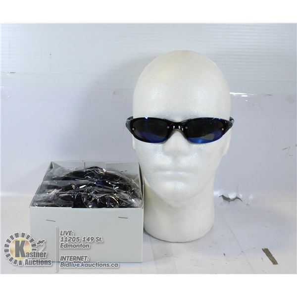 BOX OF SLEEK BLACK SUNGLASSES. 100% UV PROTECTION