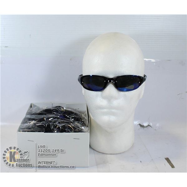 BOX OF SLEEK BLACK SUNGLASSES. 100% UV PROTECTION