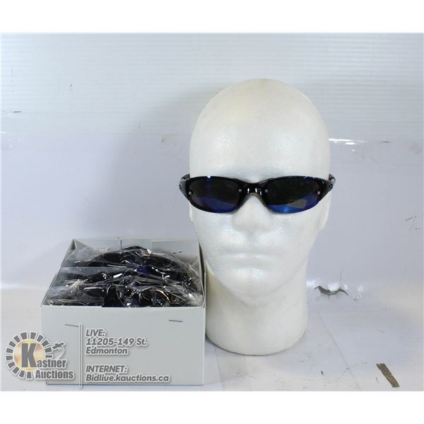 BOX OF SLEEK BLACK SUNGLASSES. 100% UV PROTECTION
