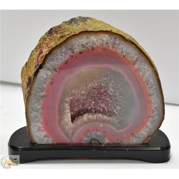 LARGE PINK AGATE GEODE ON WOOD BASE