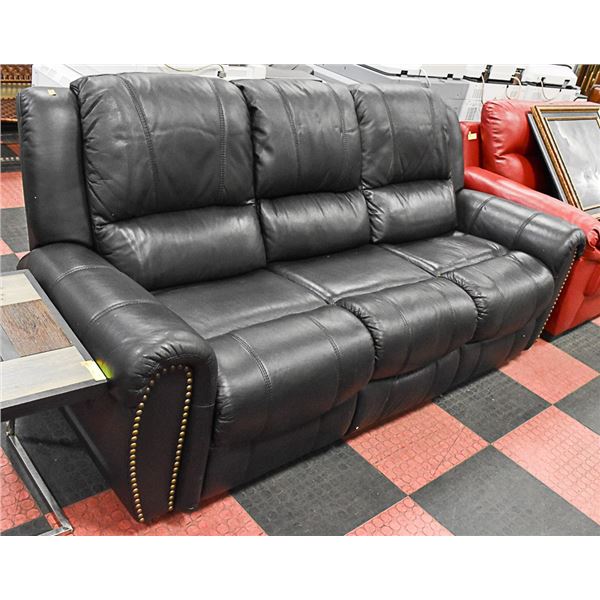 BLACK LEATHER NAILHEAD RECLINING SOFA