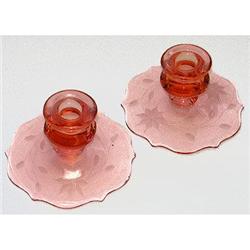 Lancaster Glass Pink Wheel Cut Candlesticks #1957023