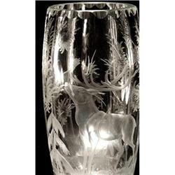 CUT ENGRAVED GLASS VASE WOODLAND SCENE #1989960