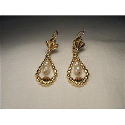 18K YG Gold Seed Pearl Drop Hanging Earrings #1990433