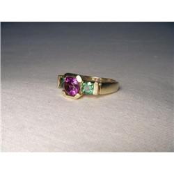 Estate 14K YG Amethyst Emerald Tri-Stone Ring #1990476