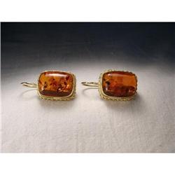 Estate 18K YG Gold Handmade Amber Earrings #1990480