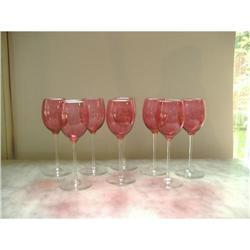 Handblown Cranberry etched stemed wine  glasses#2001314