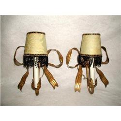Pair Bow Sconces Gilt Metal Beaded Brocade #1978414
