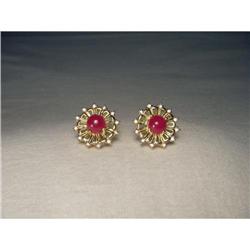 14K YG Cabochon Ruby Diamond Snowflake Earrings#1979095