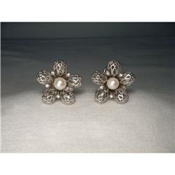 14K WG Gold Pearl Diamond Lace Floral Earrings #1979097