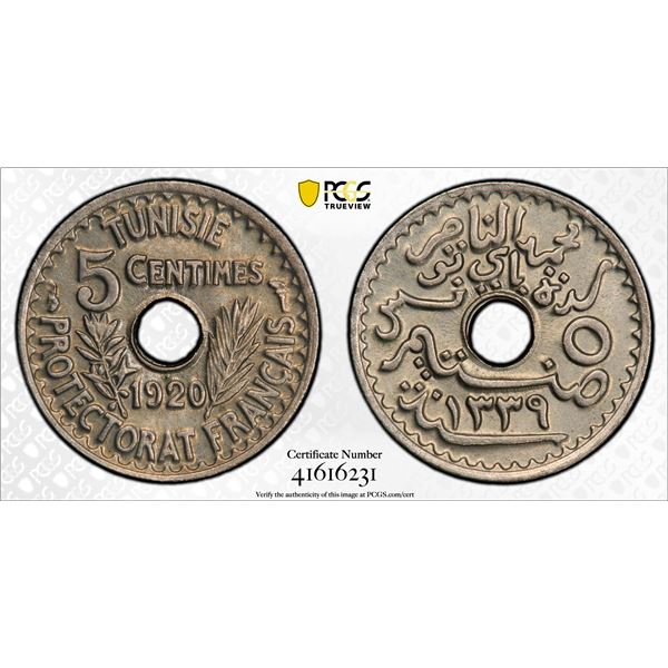 TUNISIA: Muhammad al-Nasir Bey, 1906-1922, 5 centimes, 1920/AH1339. PCGS MS65
