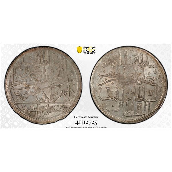 TURKEY: Abdul Hamid I, 1774-1789, AR 2 zolota, Kostantiniye, AH1187 year 6. PCGS MS64