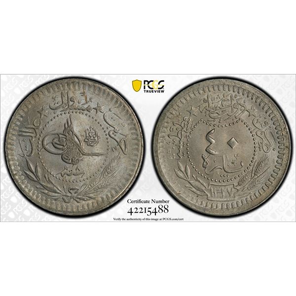 TURKEY: Mehmet V, 1909-1918, 40 para, Kostantiniye, AH1327 year 8. PCGS MS66