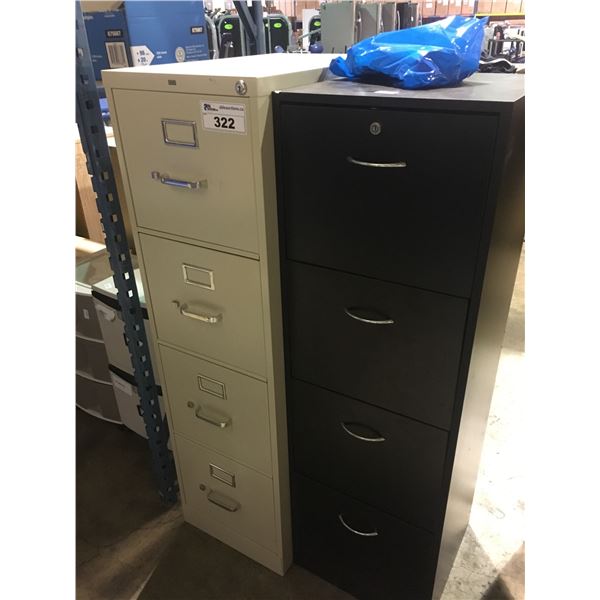 BEIGE AND BLACK 4 DRAWER FILING CABINETS AND 2 PACK OF 2' X 4' GREY SLAT WALL PANELS