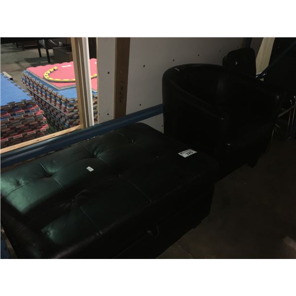 BLACK LEATHER LOOK BARREL CHAIR, BLACK LEATHER LOOK STORAGE OTTOMAN AND 2 BLACK FABRIC CLIENT CHAIRS