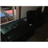 Image 1 : BLACK LEATHER LOOK BARREL CHAIR, BLACK LEATHER LOOK STORAGE OTTOMAN AND 2 BLACK FABRIC CLIENT CHAIRS