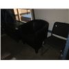 Image 2 : BLACK LEATHER LOOK BARREL CHAIR, BLACK LEATHER LOOK STORAGE OTTOMAN AND 2 BLACK FABRIC CLIENT CHAIRS