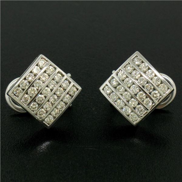 14K White Gold 1.50 ctw 50 Round Diamond Square Multi Channel Omega Back Earring