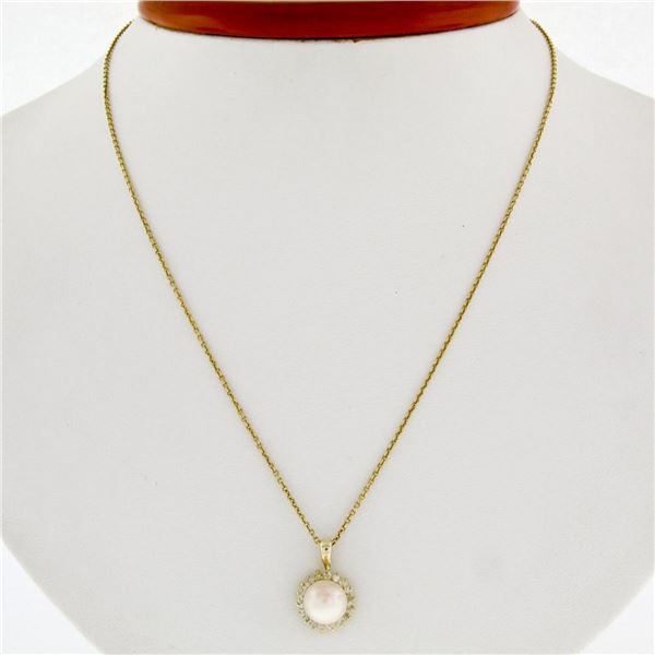 14k Yellow Gold 3.65mm Pearl Solitaire 0.25 ctw Diamond Halo 16" Pendant Necklac