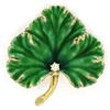 Image 3 : Unique Omega Vintage 14K Yellow Gold Green Enamel & Diamond Detailed Leaf Brooch