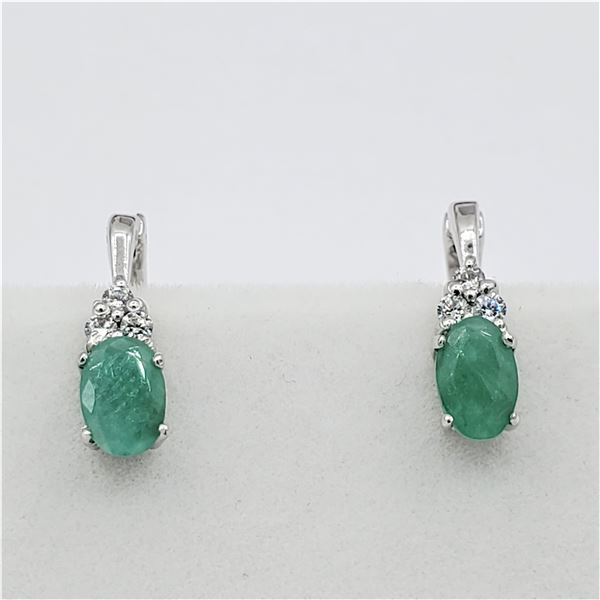 Sterling Silver Genuine Emerald & Cubic Zirconia Earrings