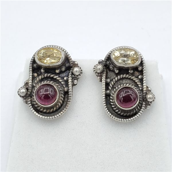Sterling Silver Genuine Garnet & Citrine Earrings