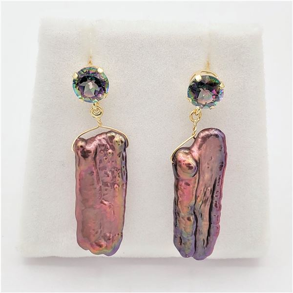 Yellow Gold Genuine Mother-of-Pearl & Mystic Quartz Earrings