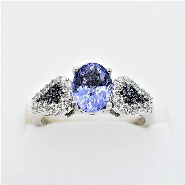 Sterling Silver Genuine Tanzanite  White Sapphire & Diamond Ring