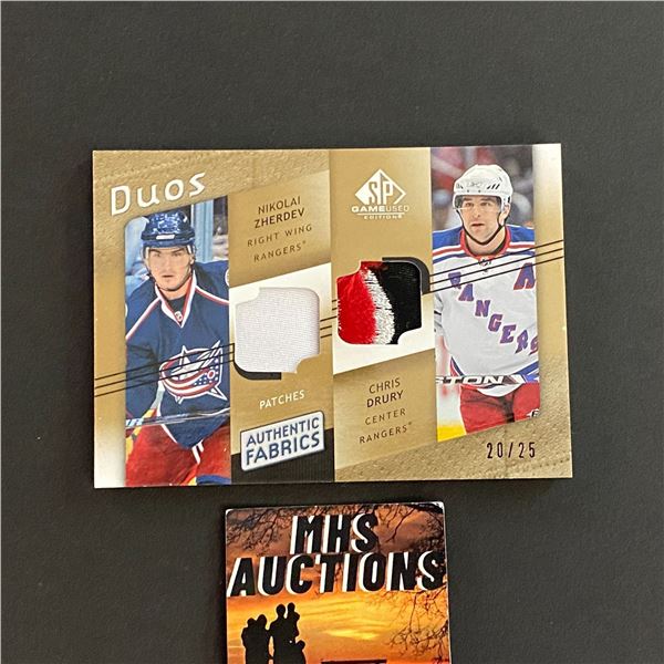 2008-09 SP GAME USED CHRIS DRURY & NIKOLAI ZHERDEV DUAL PATCH CARD #20/25 ONLY 25 MADE (ref2510)