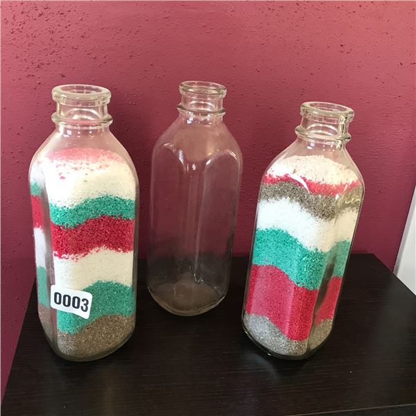 3 Milk Jugs (2 with coloured sand) & 2 Bird Cages