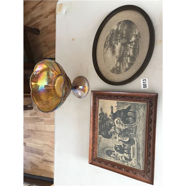 Carnival Glass Bowl & 2 Black & White Photos