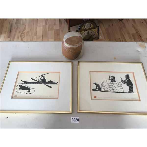 Clay Pot & 2 Inuit Pictures by Henry Papartuk