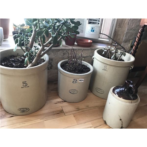3 Medicine Hat Medalta Crock Pots & Whisky Jug (plants included)