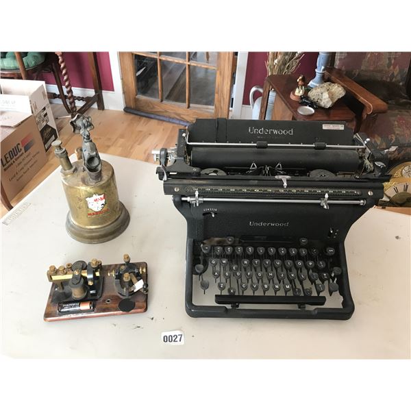 Vintage Blow Torch, Underwood Typewriter & Telegraph Set