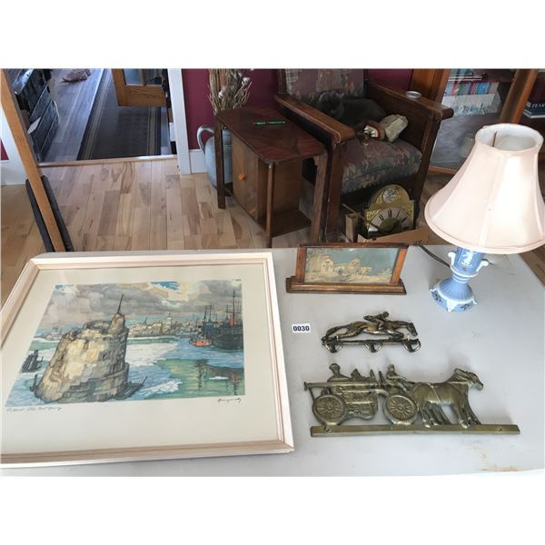 Old Fort Henry Print, Wedgewood Lamp, Brass Wall Decor  & Wooden Picture