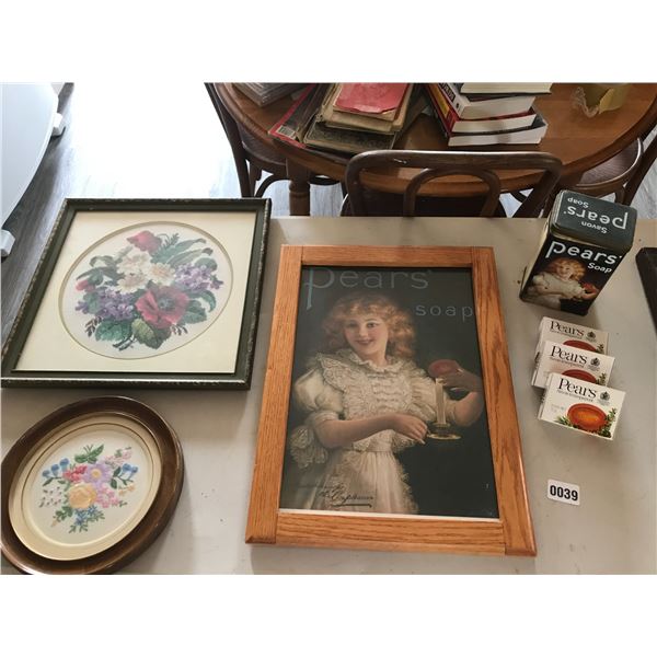 Pears Soap Container w Soap & 2 Floral Framed Petit Point