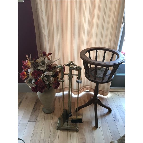 Brass Duck Head Fireplace Tools, Wooden Plant Stand, Silk Flowers & Vase