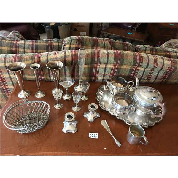 Assorted (Silver Plate) Candlestick Holders, Vases, Glasses & Teapot Tray Etc