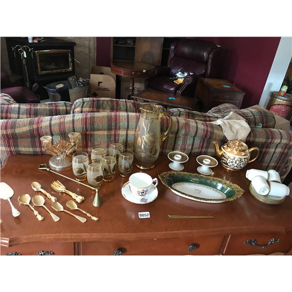 Various Glassware, China, Candle Holders, Candle Snuffer & Utensils