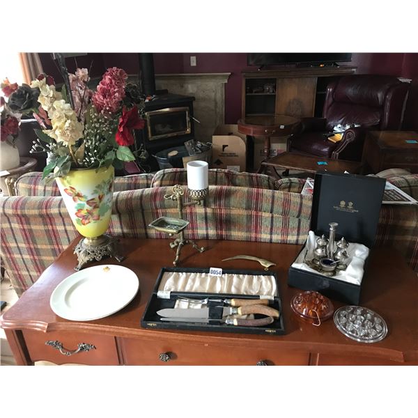 Antler Handle Carving Set, Arthur Price Condiment Set, Brass Bathroom Soap/Glass Holder, Vase, Plate