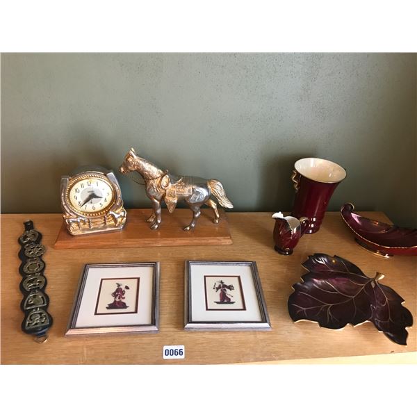 Various Carlton Ware Plate, 2 Asian Petit Point, Snider Horse Clock & Assorted Glassware