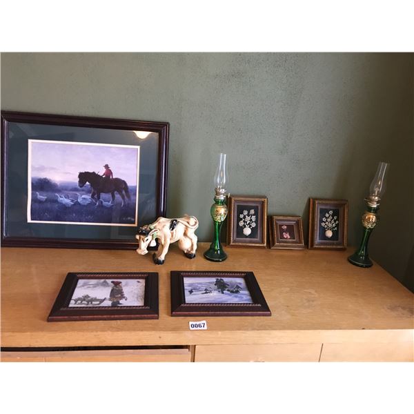 2 Green Hurricane Oil Lamps, Cow Chalkware, Horse & Duck Picture & 2 small pictures