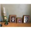 Image 5 : 2 Green Hurricane Oil Lamps, Cow Chalkware, Horse & Duck Picture & 2 small pictures